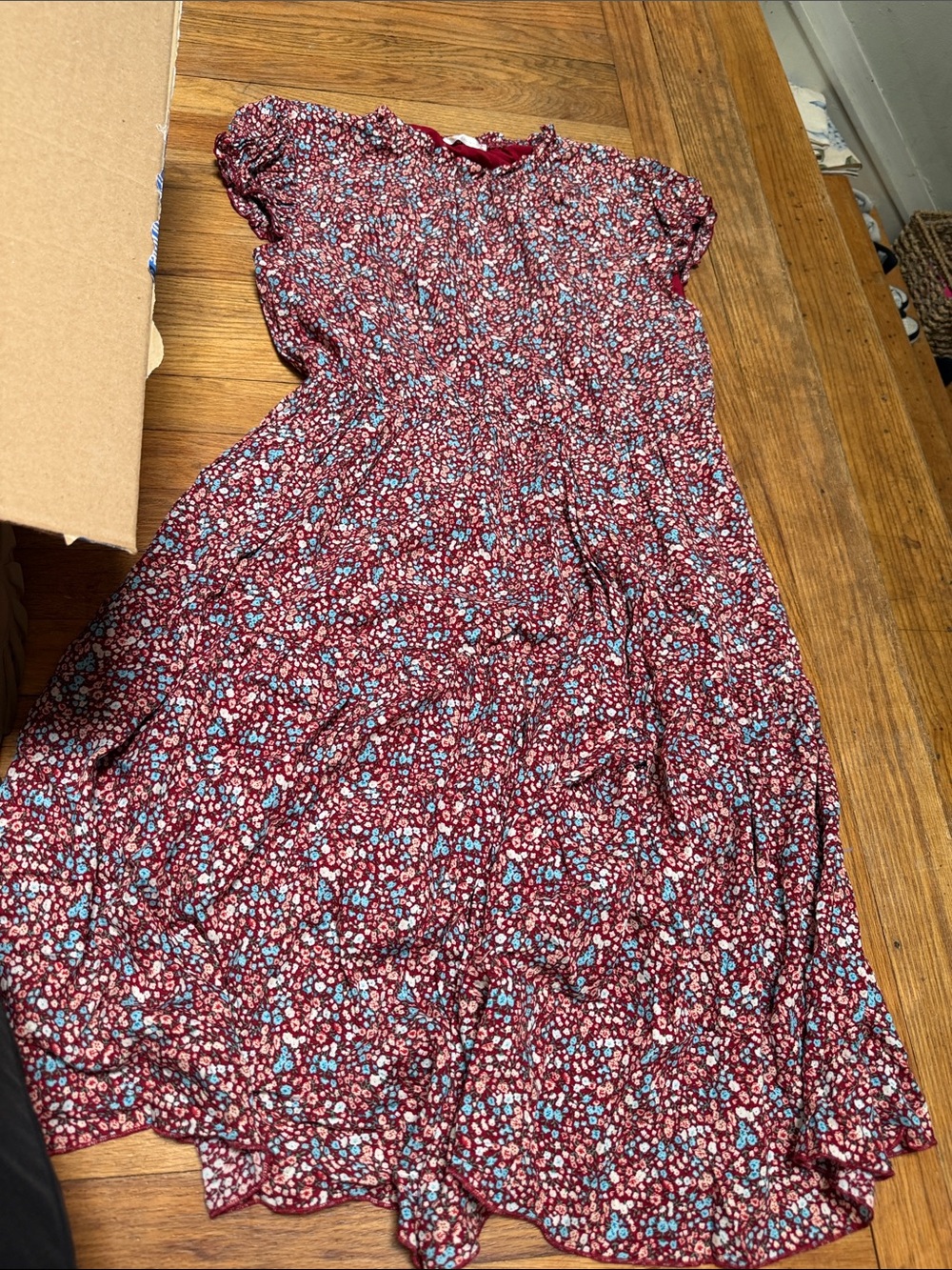 Women's Burgundy Floral Midi Dress with Cap Sleeves